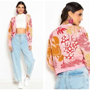 FARM RIO Lobster Crawfish Print Cardigan Sweater Pink Sz L $330 {EE3}